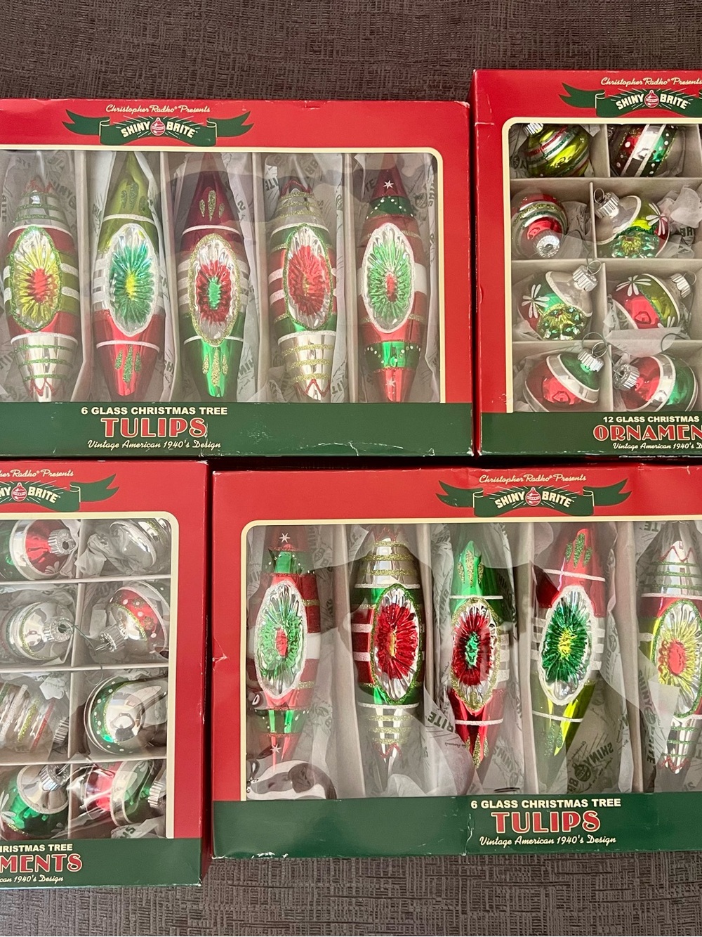 Christopher Radko Red and Green Vintage design ornaments. Lot of 4 boxes